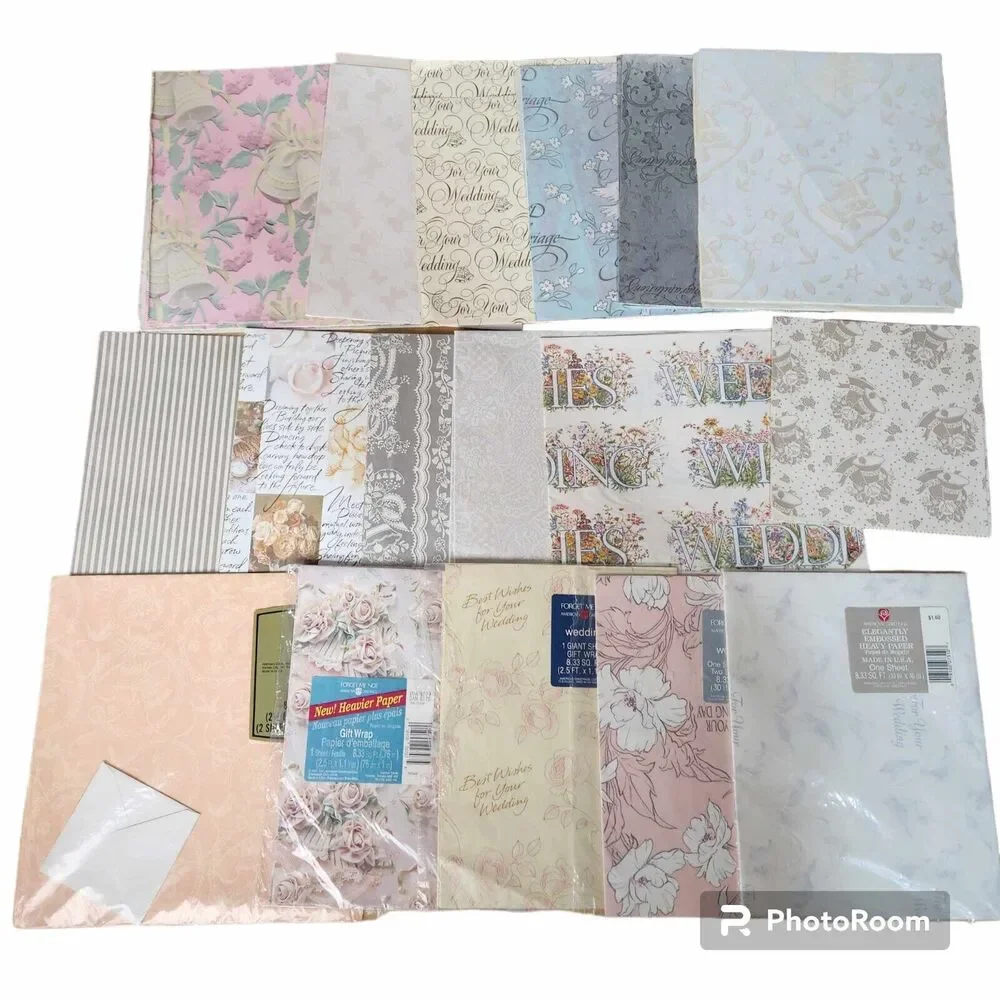Vintage Gift Wrap Lot Wrapping Paper Wedding Bridal Theme Retro 20+ Sheets